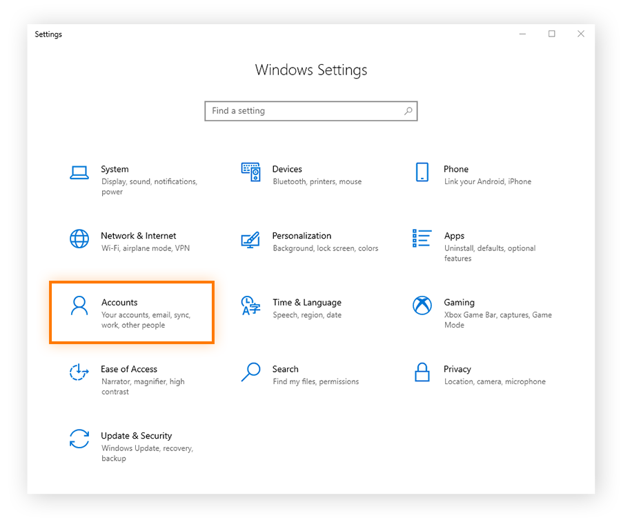 Ouvrez Paramètres du compte sous Windows 10 pour accéder au contrôle parental.