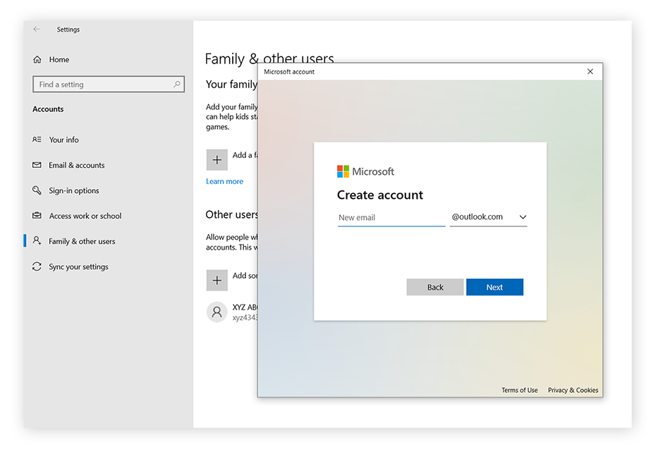 Saisissez une nouvelle adresse e-mail pour créer un compte Microsoft pour votre enfant.