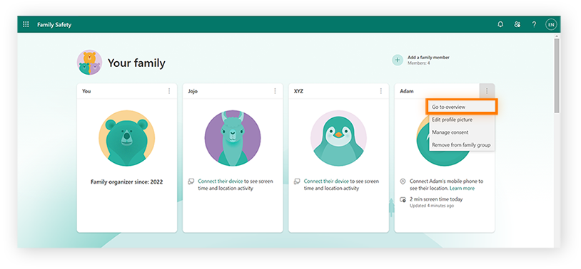 Aperçu des comptes sur les paramètres de sécurité de la famille Microsoft.