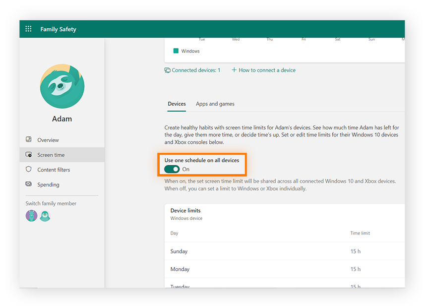 Définir un seul horaire pour tous les appareils sur les paramètres de sécurité de la famille Microsoft.