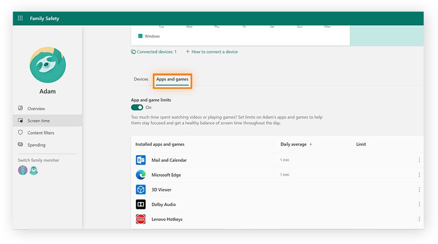 Fixer des limites pour les applications et les jeux sur les paramètres de sécurité familiale de Microsoft.