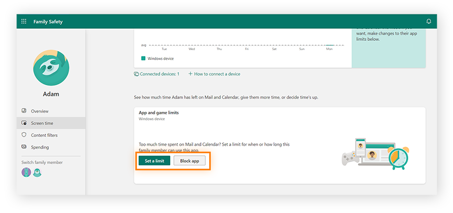 Fixer une limite ou bloquer une application dans les paramètres de contrôle parental de Microsoft.