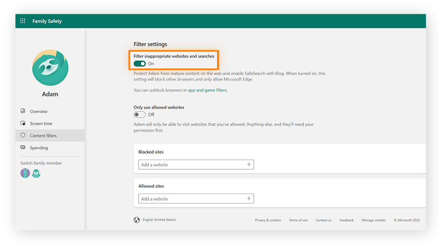 Filtrez les sites Web et les recherches inappropriés avec le contrôle parental de Microsoft.