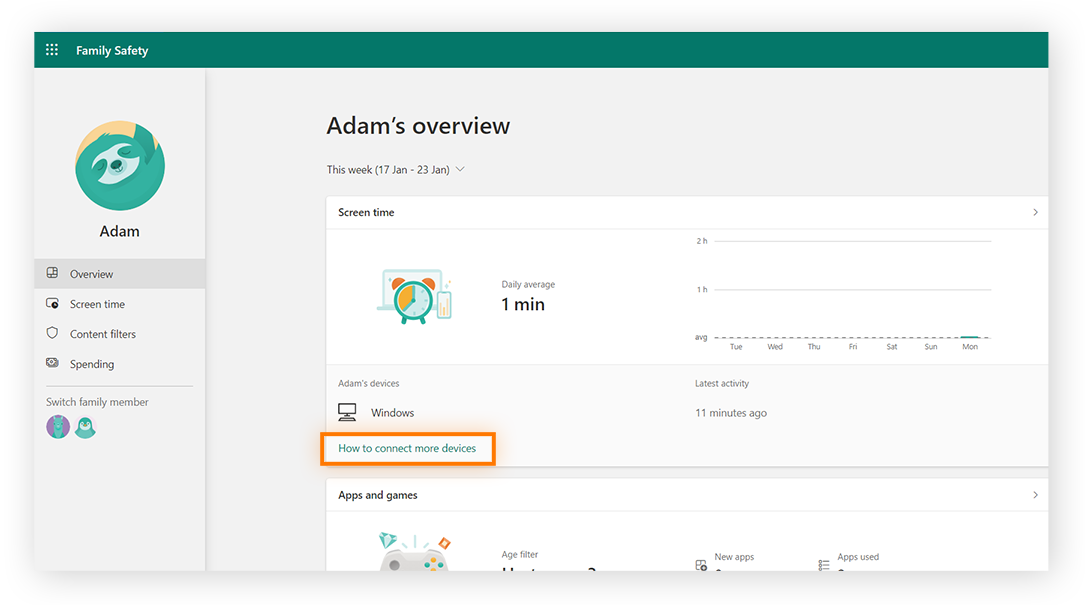Connectez un autre appareil dans les paramètres de sécurité de la famille Microsoft.