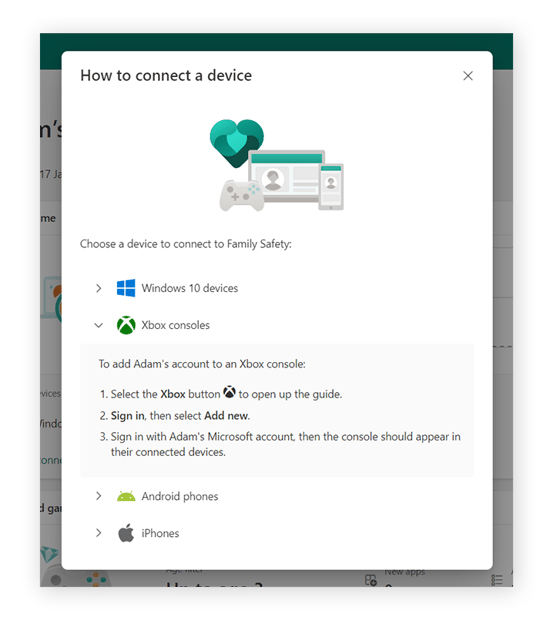 Instructions pour connecter la console Xbox à des paramètres de sécurité familiaux Microsoft.