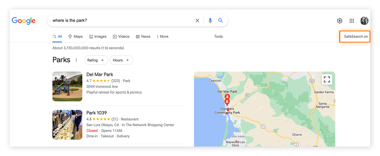 O Google SafeSearch está ativado se a mensagem “SafeSearch ligado” aparece no canto superior direito do Google.