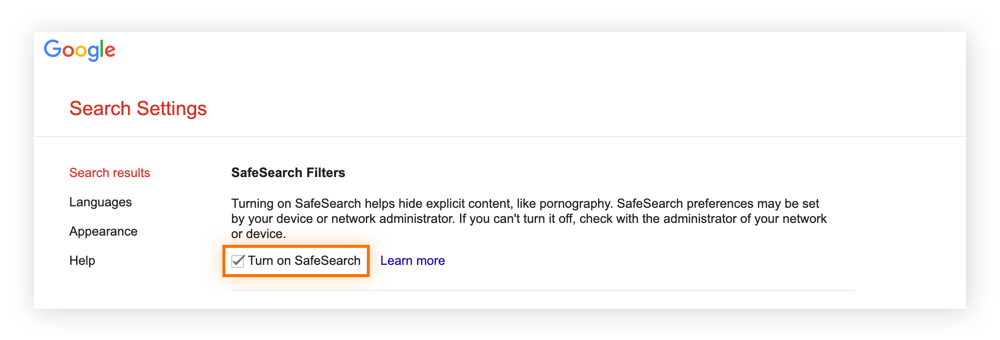 Gerencie as configurações do SafeSearch em um nível de conta de usuário por meio das Preferências do Google.