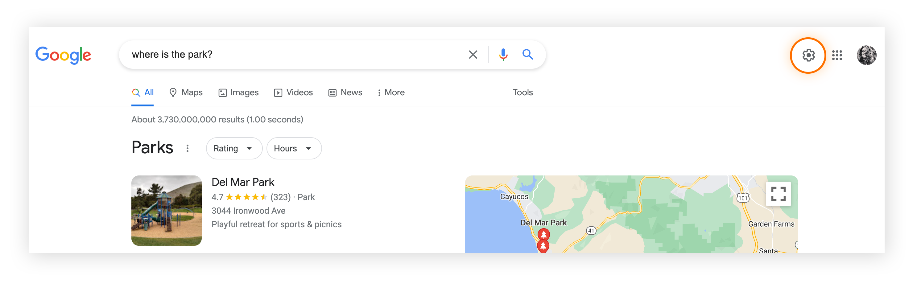 Clique no ícone Configurações nos resultados do Google Search para encontrar as configurações do SafeSearch.