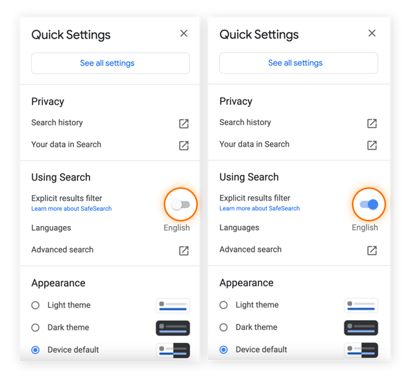 Ative ou desative o filtro de resultados explícitos na seção Configurações rápidas do Google.