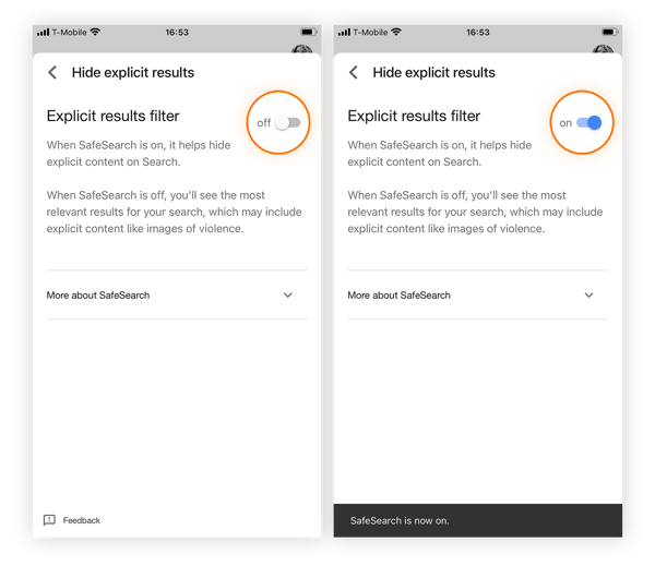 Ative “Filtro de resultados explícitos” para bloquear a exibição de conteúdo e imagens inadequados nos resultados da pesquisa.