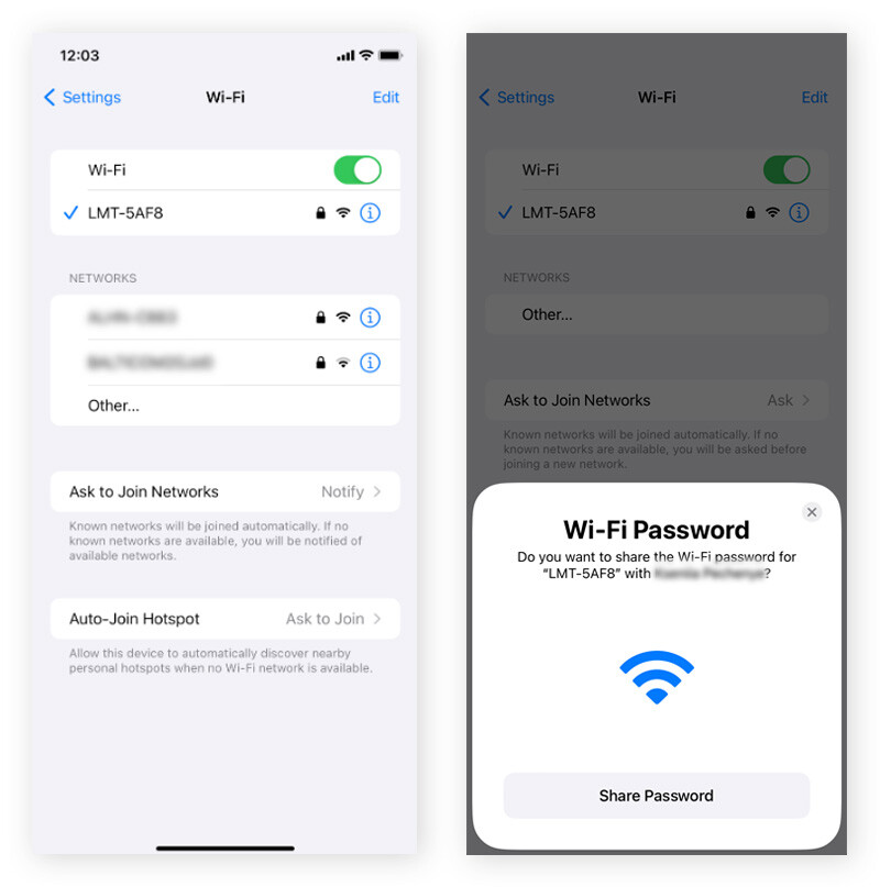 Sharing a Wi-Fi password from an iPhone via AirDrop