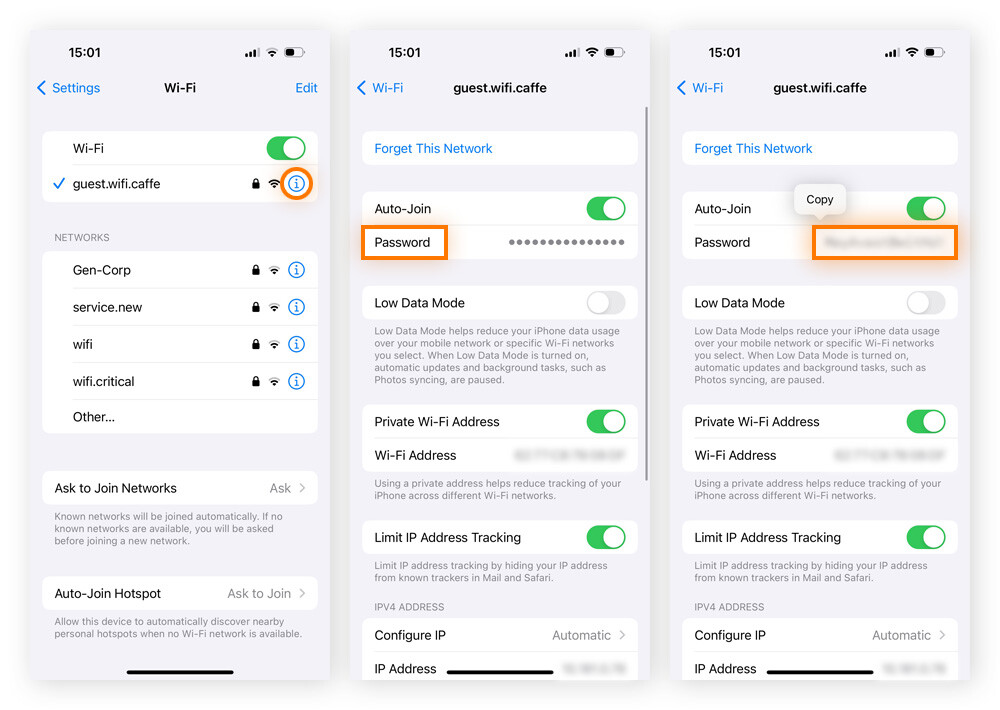Finding and copying a Wi-Fi password on iPhone.