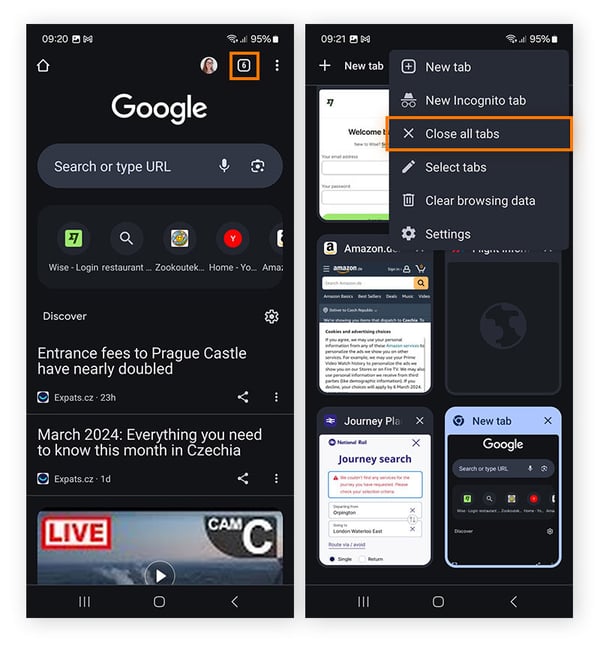Schließen sämtlicher Registerkarten für schnelleres Surfen unter Android.