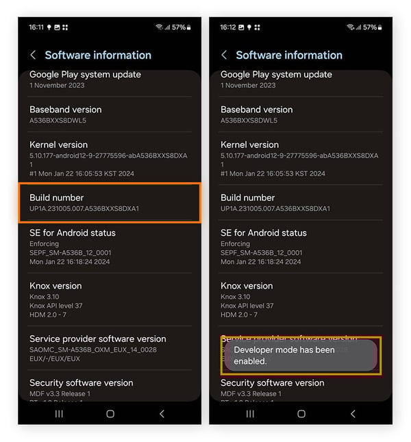 Aktivieren der Entwickleroptionen auf einem Android-Smartphone durch wiederholtes Tippen auf "Buildnummer".