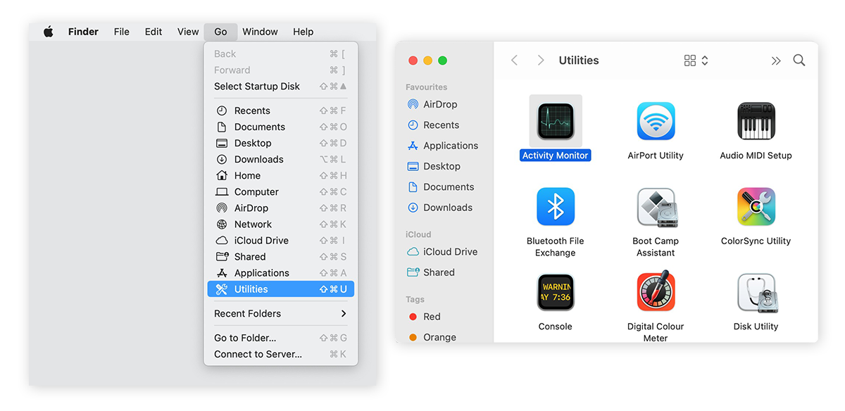 Haga clic en Ir > Utilidades > Monitor de actividad para comprobar si se están ejecutando procesos complejos en su Mac.
