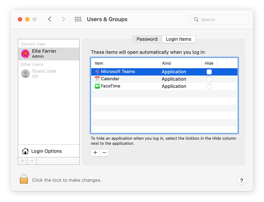 Seleccione el ítem de inicio y haga clic en el icono del signo menos para impedir que las aplicaciones se inicien al arrancar el Mac.