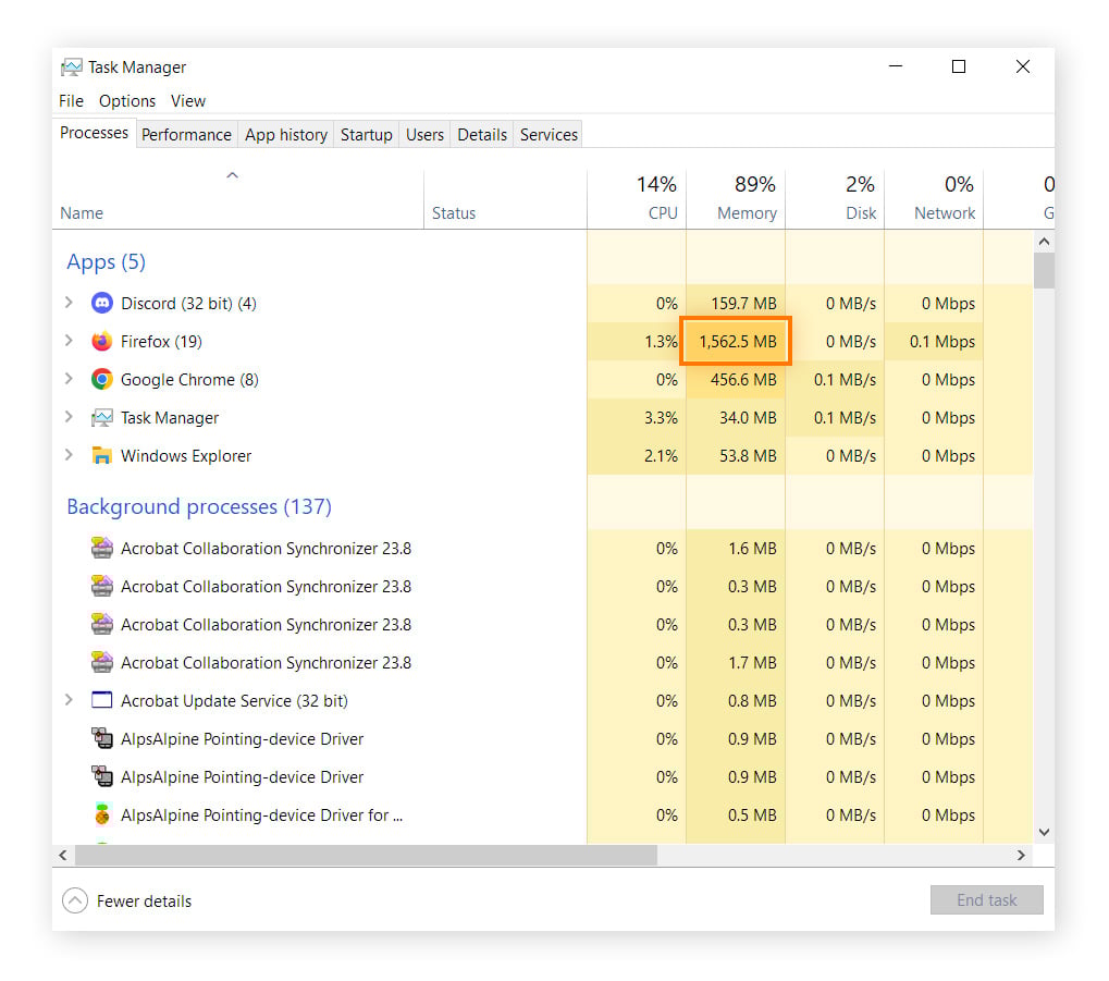 O Gerenciador de Tarefas está aberto e mostrando 89% de uso de memória, com a maior parte sendo usada pelo Firefox.