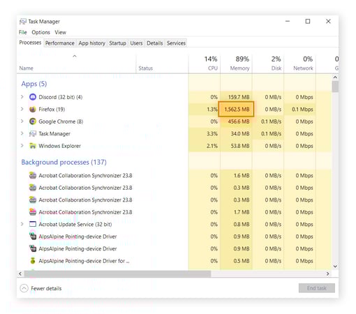 Le Gestionnaire des tâches est ouvert et indique une mémoire utilisée à 89 %, principalement par Firefox.