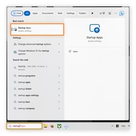 L’utilisateur a tapé « démarrage » dans la barre des tâches et Applications de démarrage apparaît en tant qu’option cliquable.