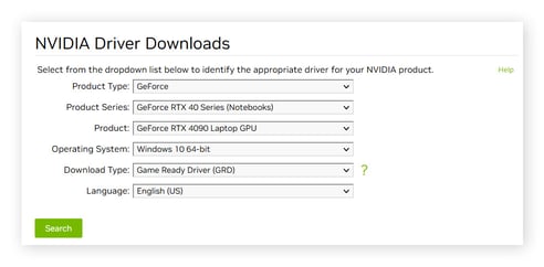 Vue de la page des téléchargements de pilotes NVIDIA, avec plusieurs menus déroulants pour vous permettre d’identifier votre composant spécifique.