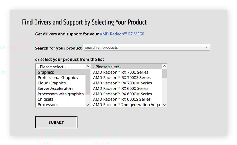 Vista da página de download de drivers AMD, com um menu que leva você ao seu componente.