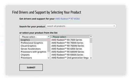 Vue de la page des téléchargements de pilotes AMD, avec un menu vous menant à votre composant.