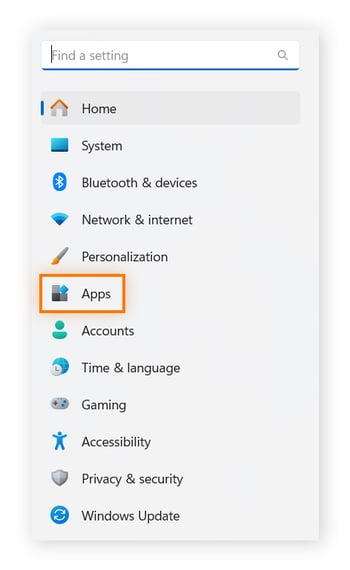 A parte esquerda do menu Configurações, com a opção Aplicativos realçada.