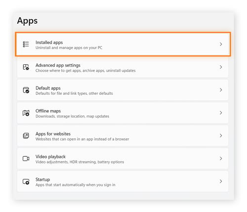  O usuário está visualizando Configurações > Aplicativos, com a opção Aplicativos instalados realçada.