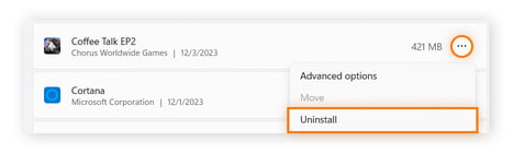 L’utilisateur a sélectionné une application et cliqué sur les trois points. Désinstaller s’affiche comme option cliquable.