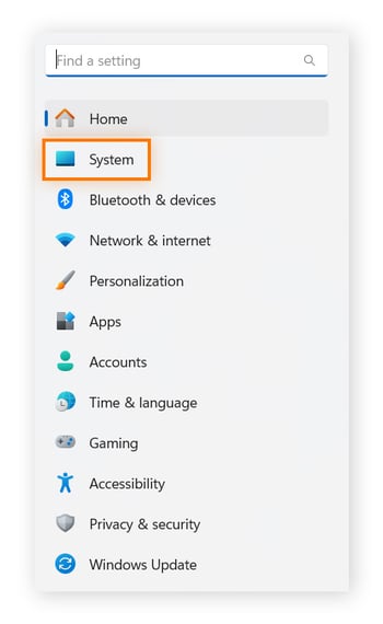 À esquerda de Configurações, Sistema está realçado.
