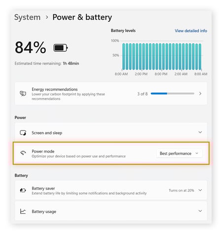  Configurações de energia e bateria no Windows 11. O Modo de energia está realçado com a opção Desempenho máximo selecionada.