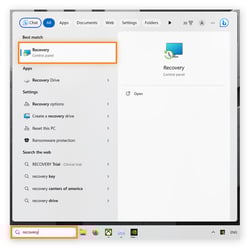 L’utilisateur a tapé Récupération dans la barre des tâches, et l’option Récupération (Panneau de configuration) s’affiche.
