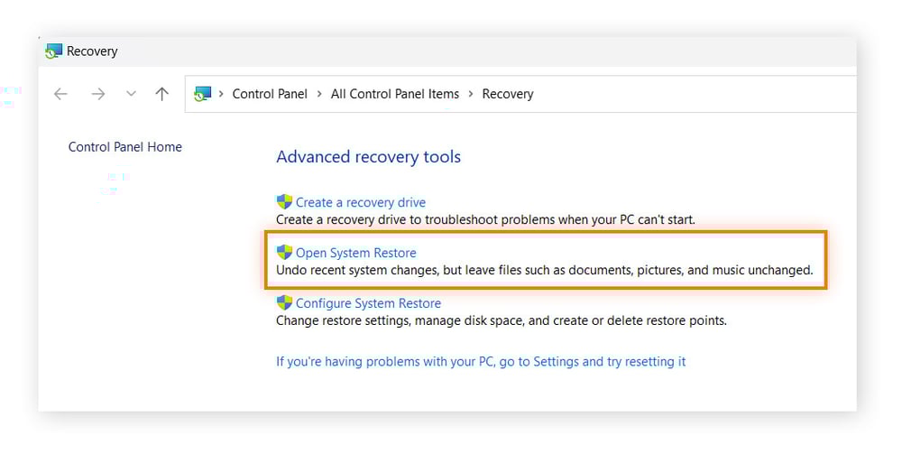 Opções de recuperação do Windows 11. Abrir Restauração de Sistema é uma opção que pode ser clicada.