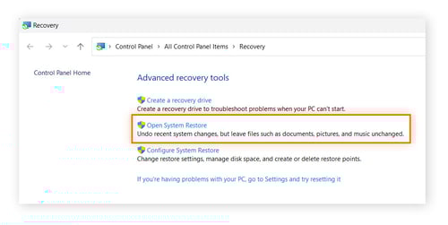 Options de Récupération dans Windows 11. Ouvrir la Restauration du système est une option sur laquelle vous pouvez cliquer.
