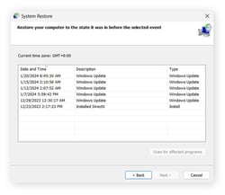 Vue de la restauration du système. Elle montre différents points dans le temps où quelque chose de nouveau a été installé et propose de revenir à Windows avant cette période.
