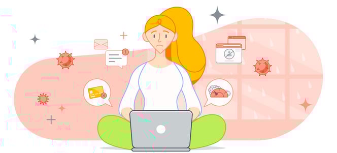 Illustration d’un utilisateur d’ordinateur portable entouré de signes potentiels d’une fausse alerte de virus
