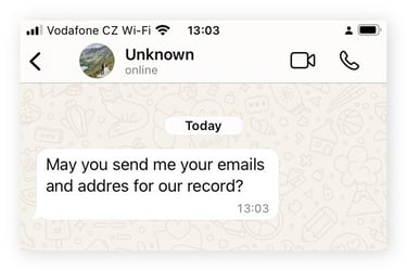 A WhatsApp scam message asking for personal information.