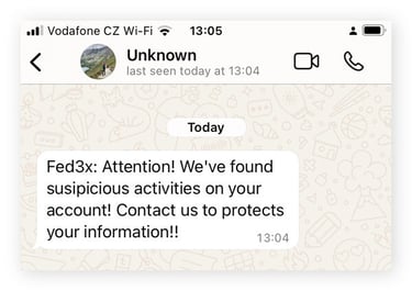 A WhatsApp scam message with a misspelled brand name.