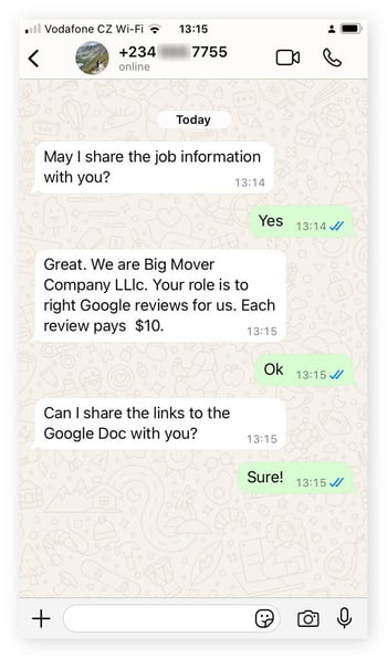 A scammer with a 234 country code attempts a WhatsApp job scam.