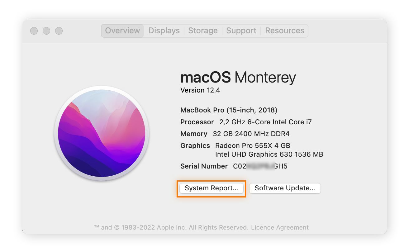 Überprüfen von Systembericht im Übersichtsfenster Über diesen Mac.