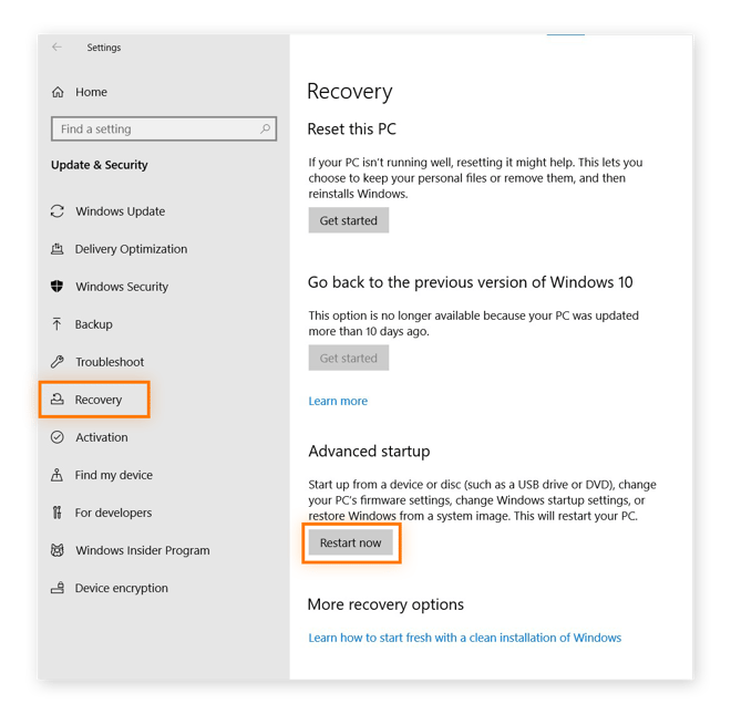 Paramètres de Windows 10. Mise en surbrillance de Redémarrer maintenant dans Démarrage avancé.