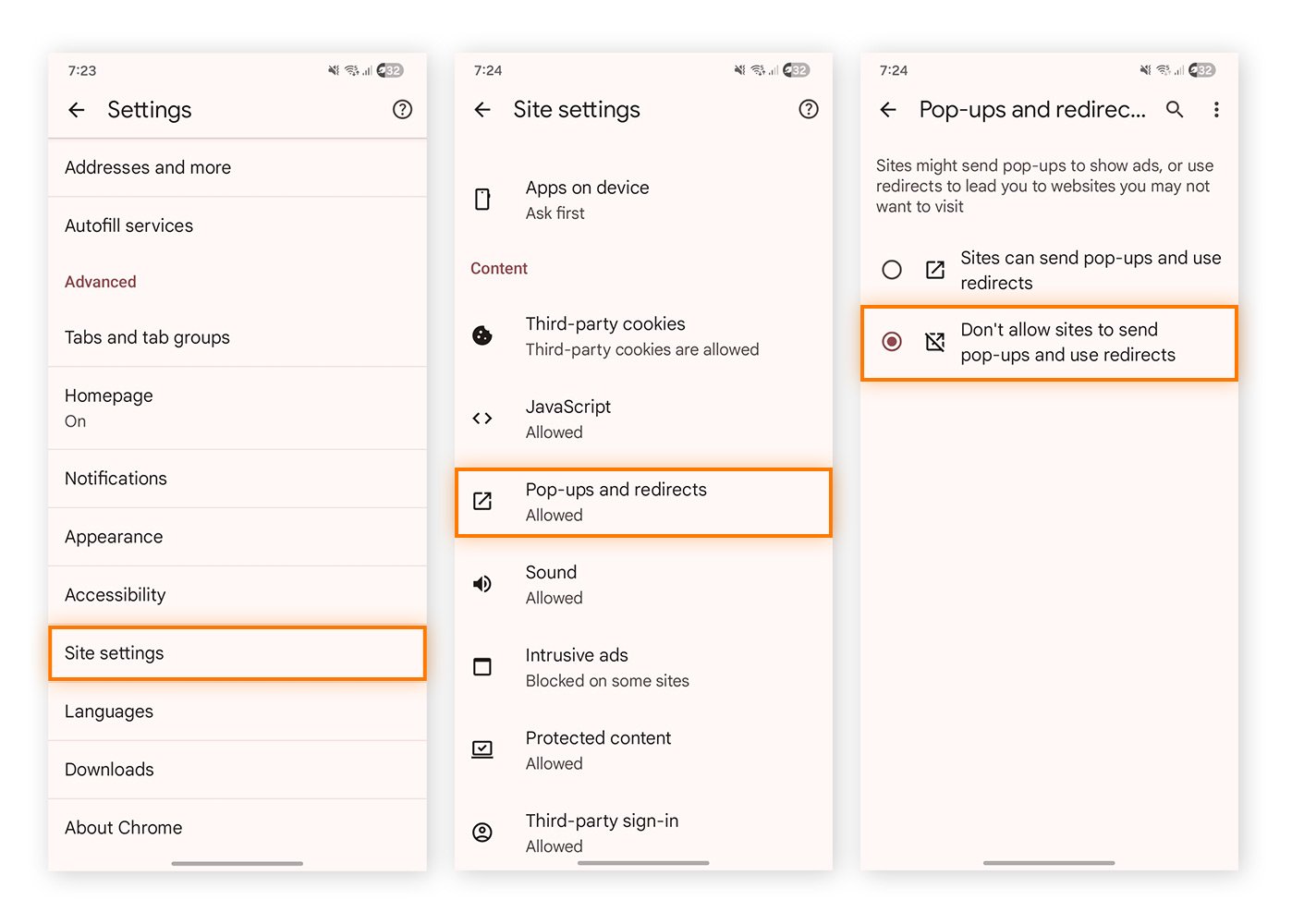 The Settings, Site settings and Pop-ups and redirects menus in Chrome browser.