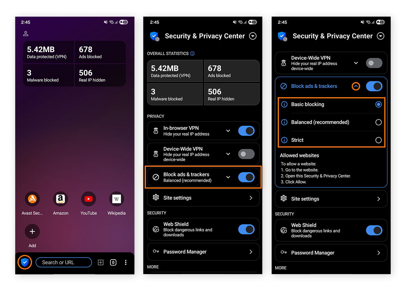 Avast Security Browser home screen and the Security and Privacy Center control hub.