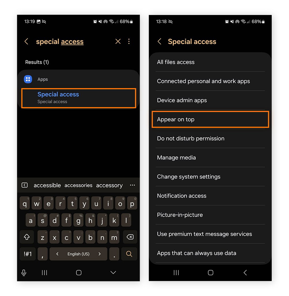 Special access settings on Android.
