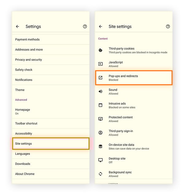 Tippen Sie auf die Website-Einstellungen und dann auf „Popups und Weiterleitungen“