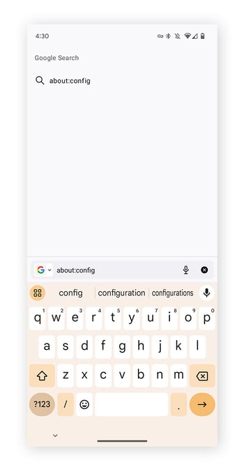  Eingabe von „about:config“ in die Suchleiste von „Firefox Beta for Testers“ auf Android