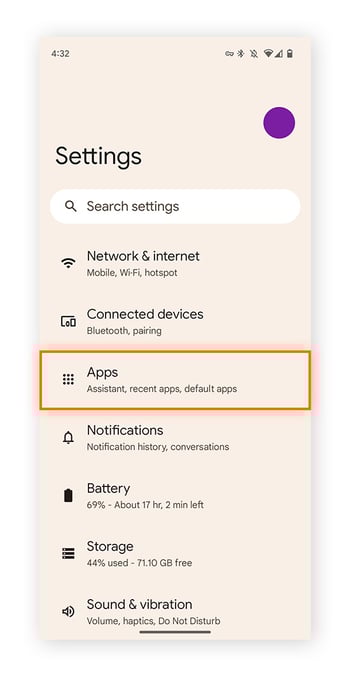 Einstellungsmenü unter Android