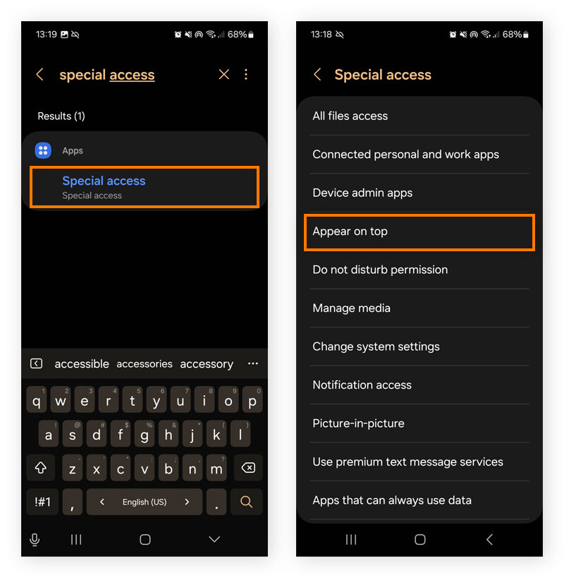 Pesquise as configurações de Acesso especial no Android para desativar a exibição de pop-ups em outros aplicativos.