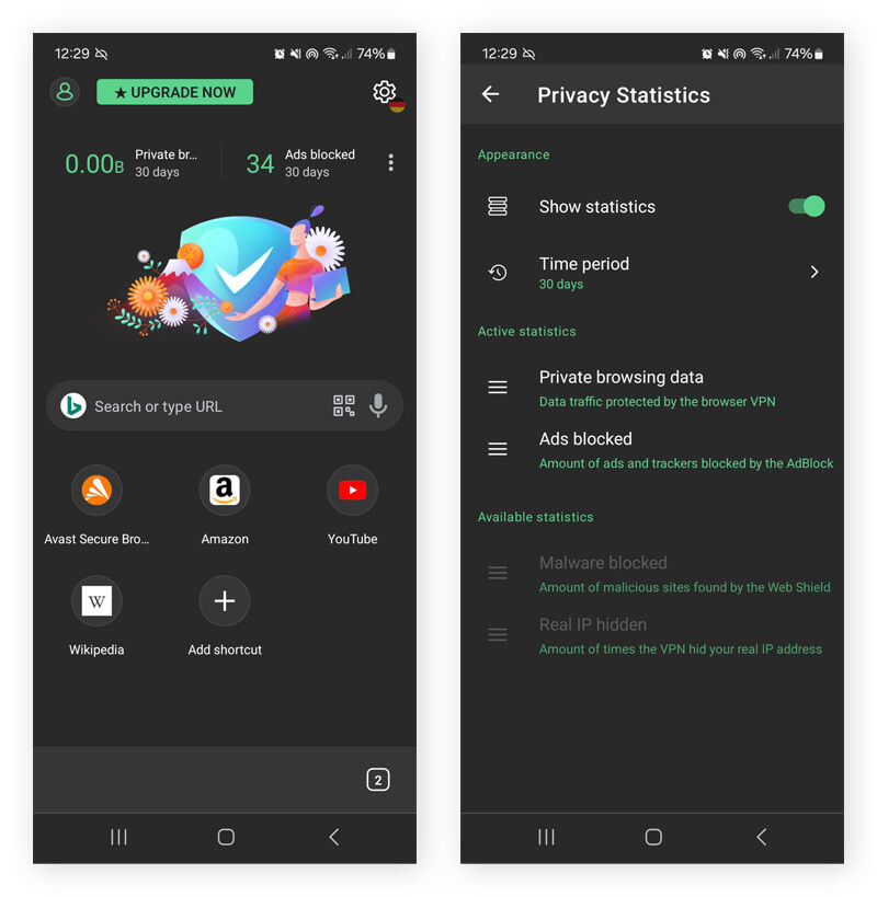 O Avast Secure Browser exibe quantos anúncios foram bloqueados no Android nos últimos 30 dias.