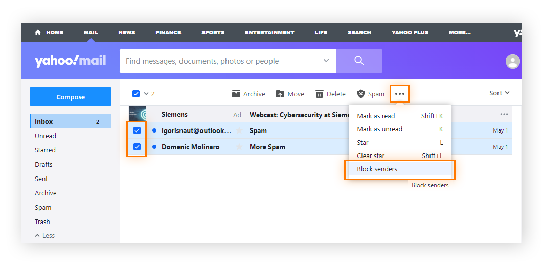 Blockieren von Absendern in Yahoo Mail